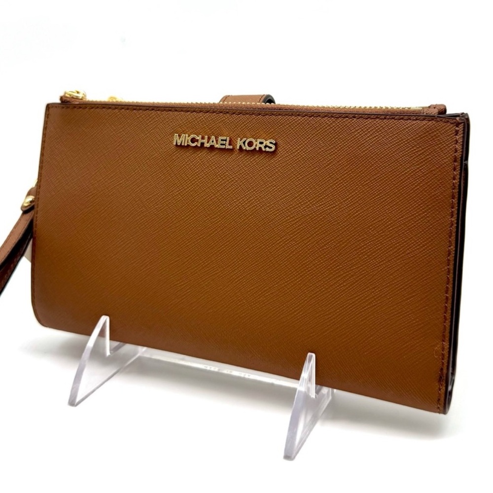 Michael Kors Large Jet Set Travel Logo Double Zip Wallet Luggage Brown